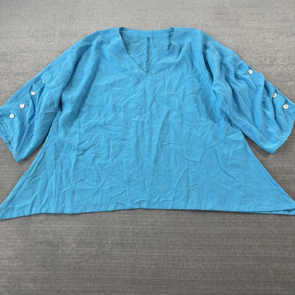 Fridaze Linen Redefined Top Women's XL Blue Button Sleeve Flowy Lagenlook Coast